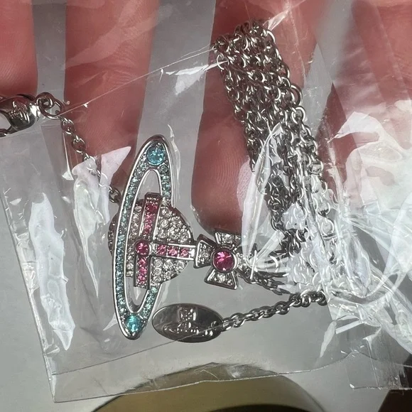 Vivienne Westwood Orb Necklace Pink & Aqua Crystal Pendant Silver Tone - Picture 6 of 6